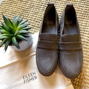 EILEEN FISHER PLATFORM LOAFERS Tumbled Nubuck Leather in Slate SIZE 9